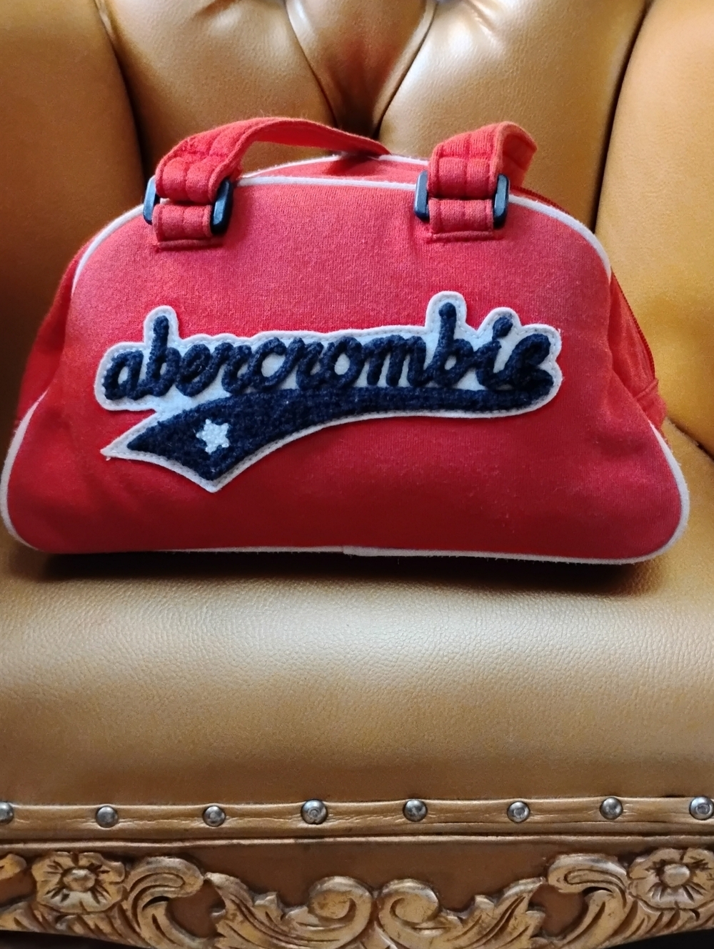 Vintage Abercrombie Shoulder Bag. Red Fabric. Varsity Style Blue Letters.